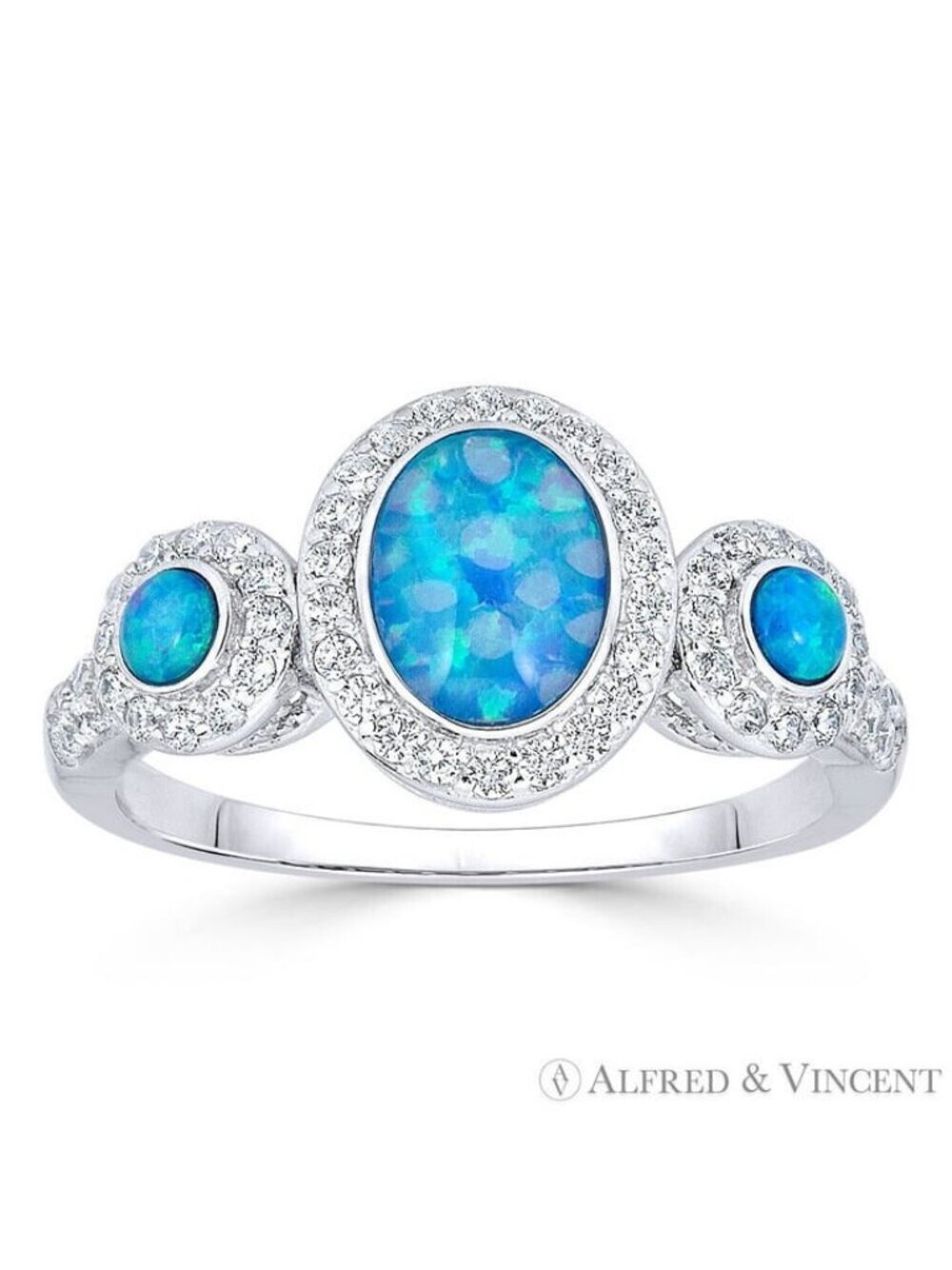 Oval & Round Synthetic Opal & CZ Crystal Ring in .925 Sterling Silver w/ Rhodium